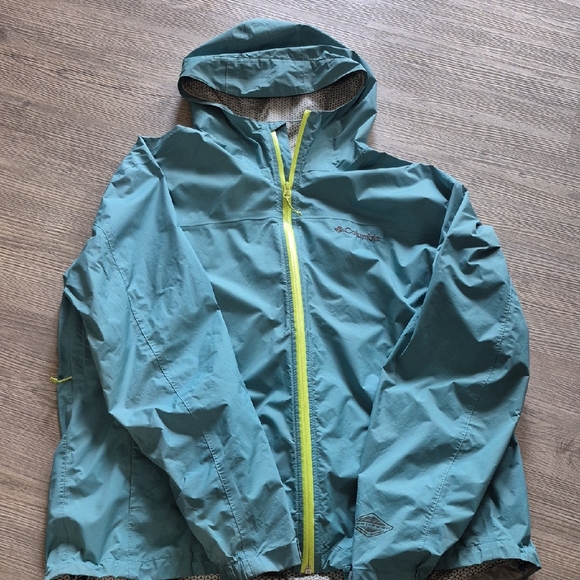 Columbia Omni-techTeal Hooded Rain Jacket with Neon Yellow Zipper - Picture 1 of 6